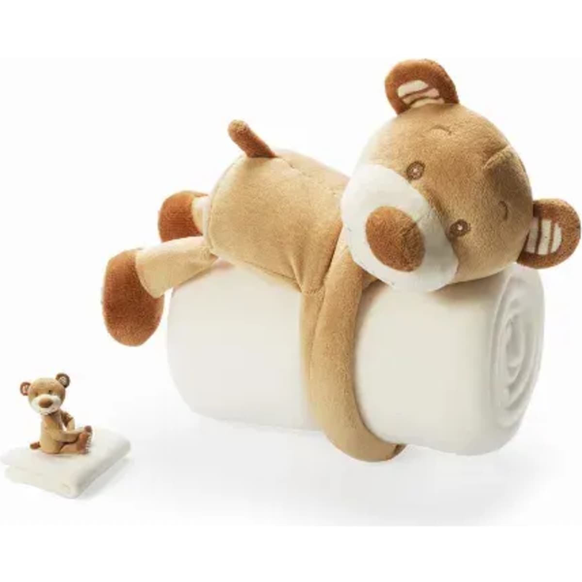 A plush teddy bear wrapped around a white roll blanket, with a smaller teddy bear beside it.