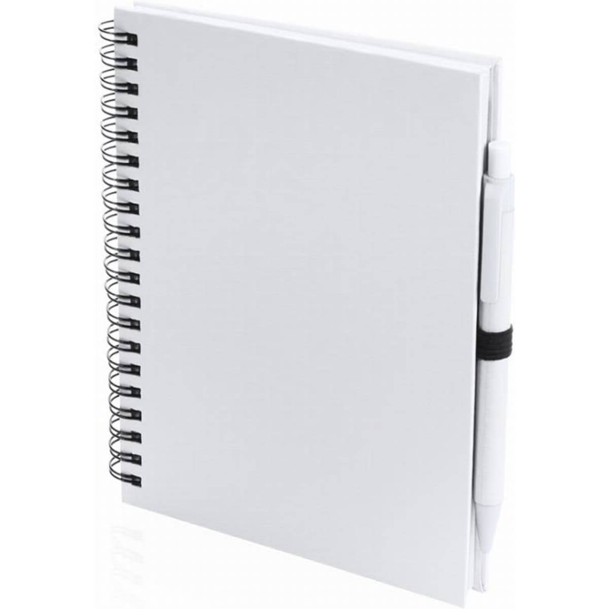 A spiral-bound notebook in white with a pen attached by an elastic band.