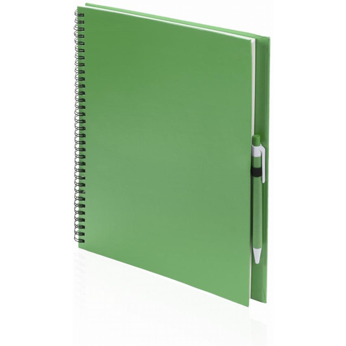 A green spiral-bound notebook with a matching pen attached at the side.