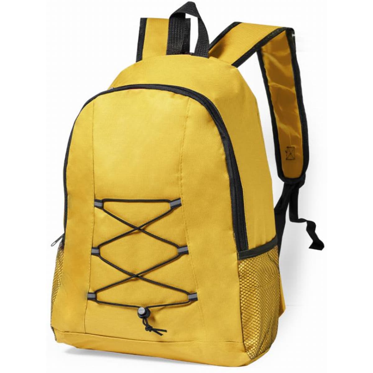 A yellow backpack featuring a front elastic cord, mesh side pockets, and adjustable straps. It has a logo on the front.