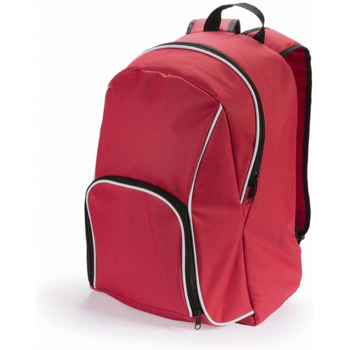 A red backpack with black and white detailing, featuring multiple compartments and adjustable straps.