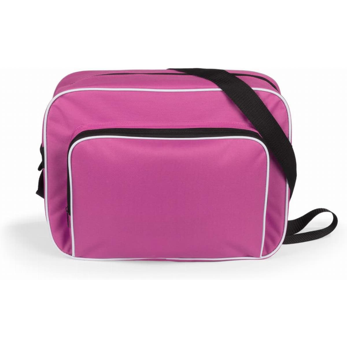 A pink messenger bag with white trim and a black adjustable strap, featuring a front pocket.