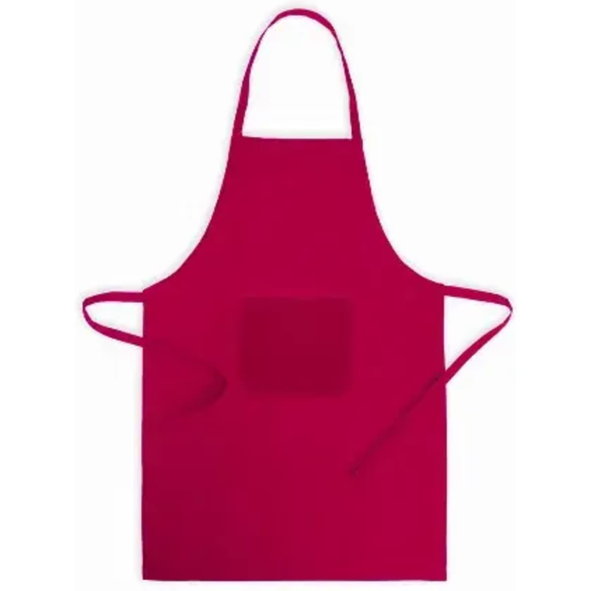 A red apron with straps and a front pocket. The apron has a simple design and features a logo.