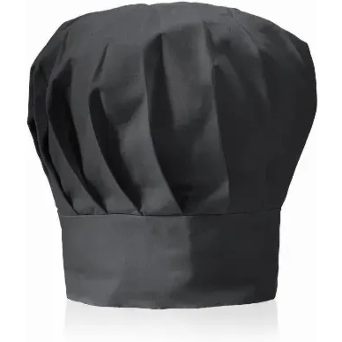 A chef's hat in black, featuring a pleated design and a wide band at the base.