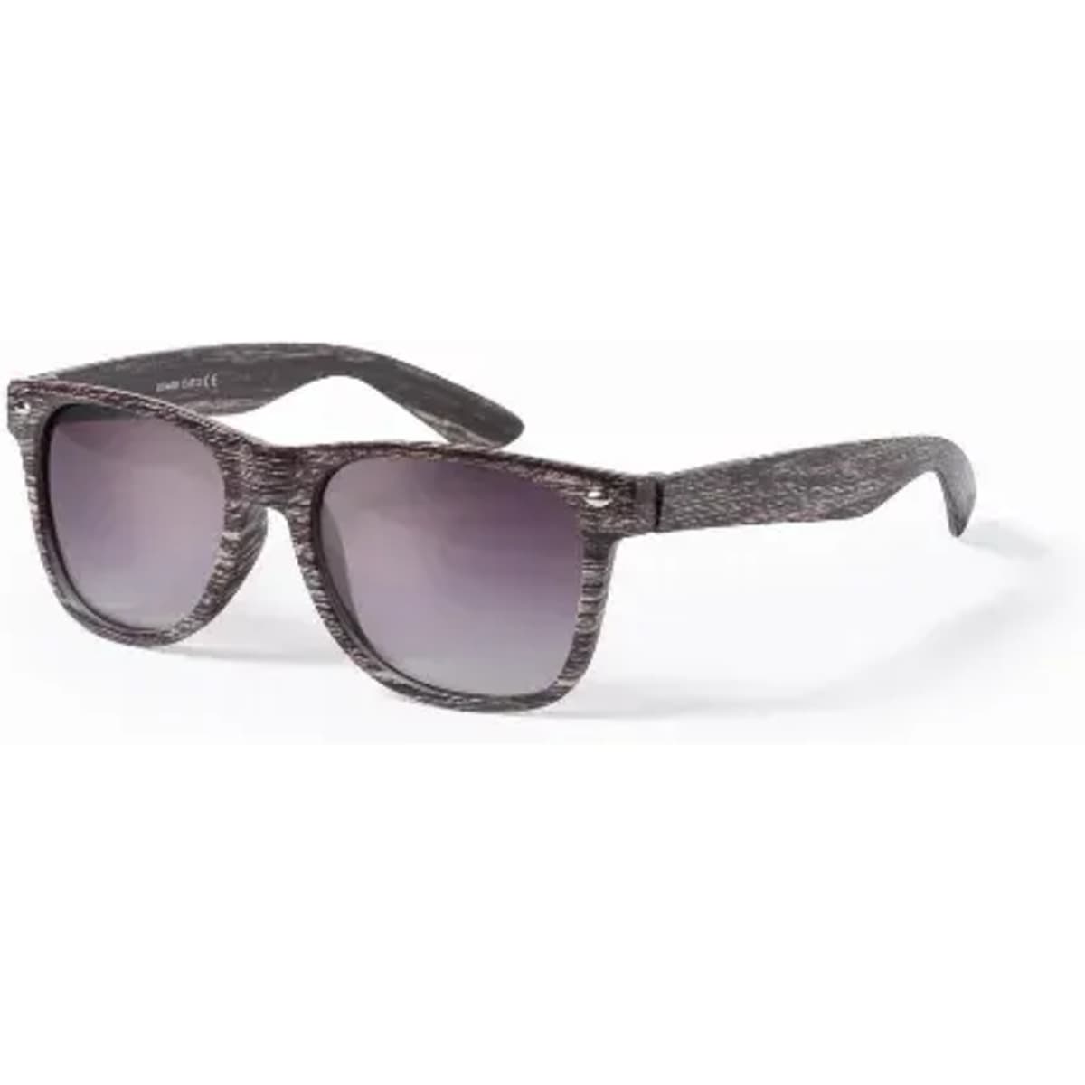 A pair of sunglasses with a stylish black patterned frame and gradient grey lenses. It features a logo on the arm.