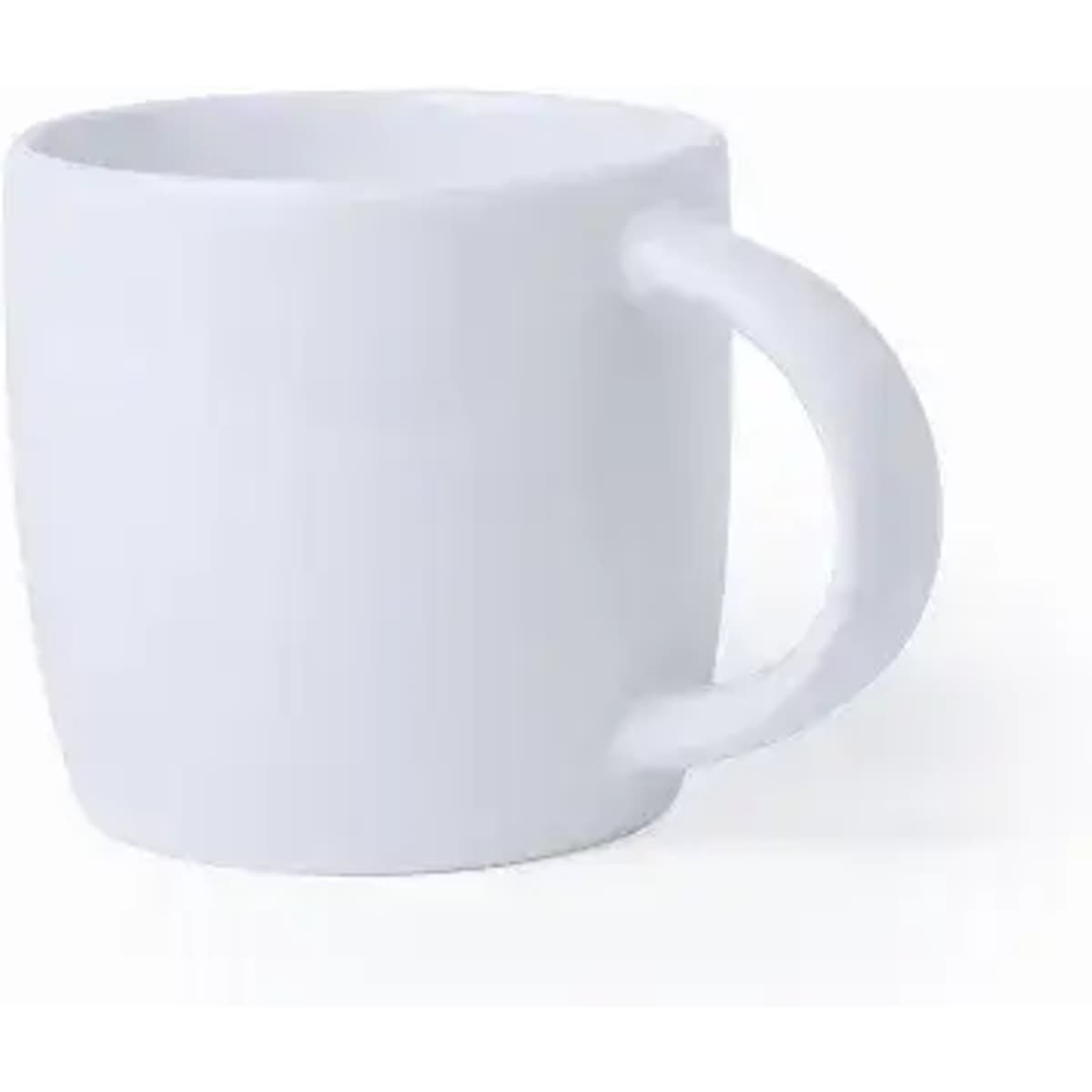A white ceramic mug with a smooth finish and a curved handle.