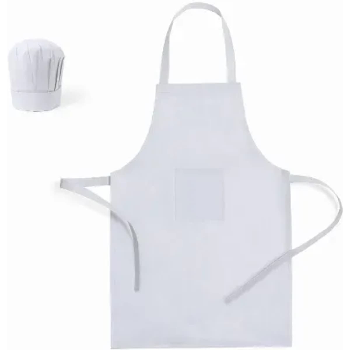 A white apron with a front pocket and white chef's hat, both featuring minimalist designs.