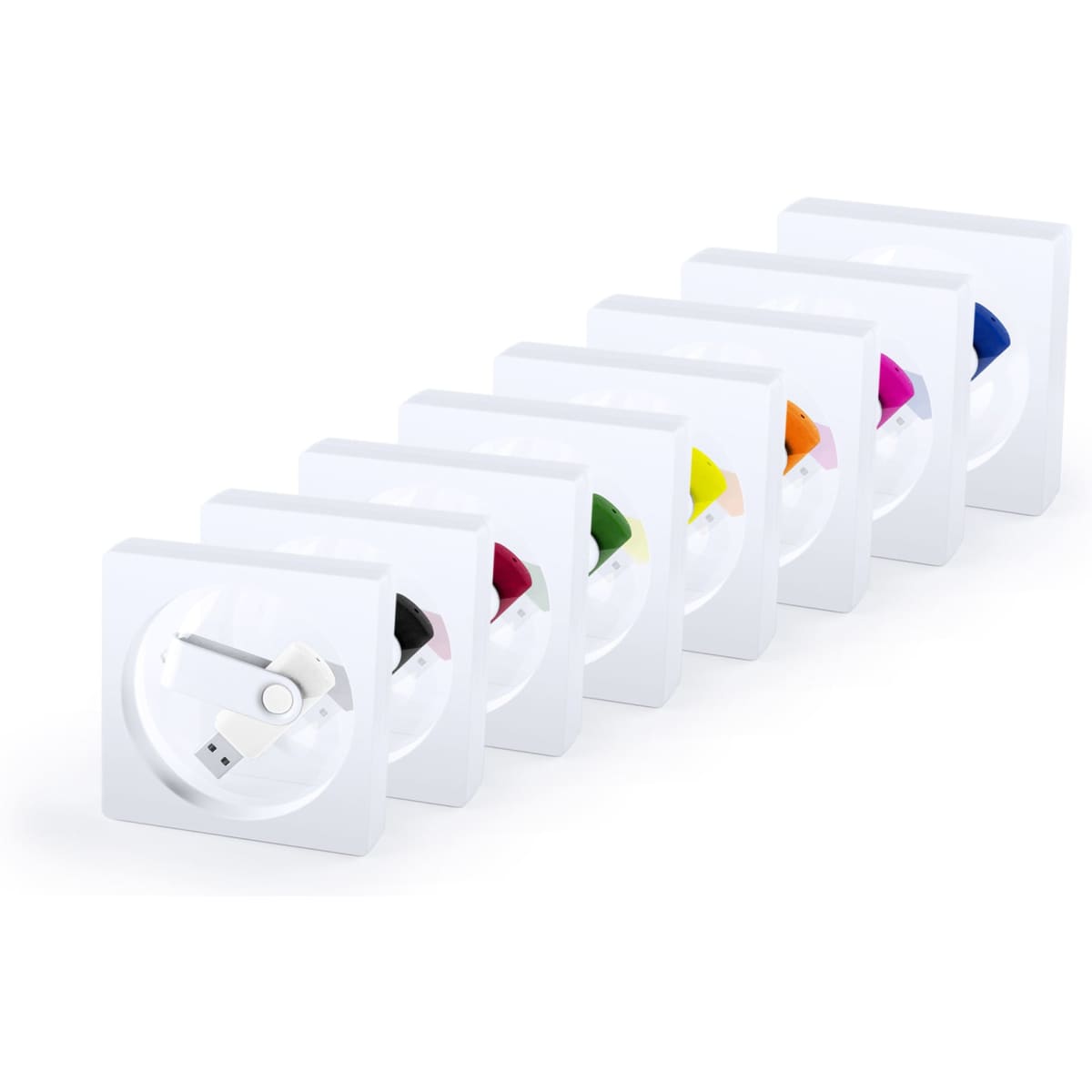 A collection of eight square charging stations in white, each featuring various vibrant colours and a USB connection.