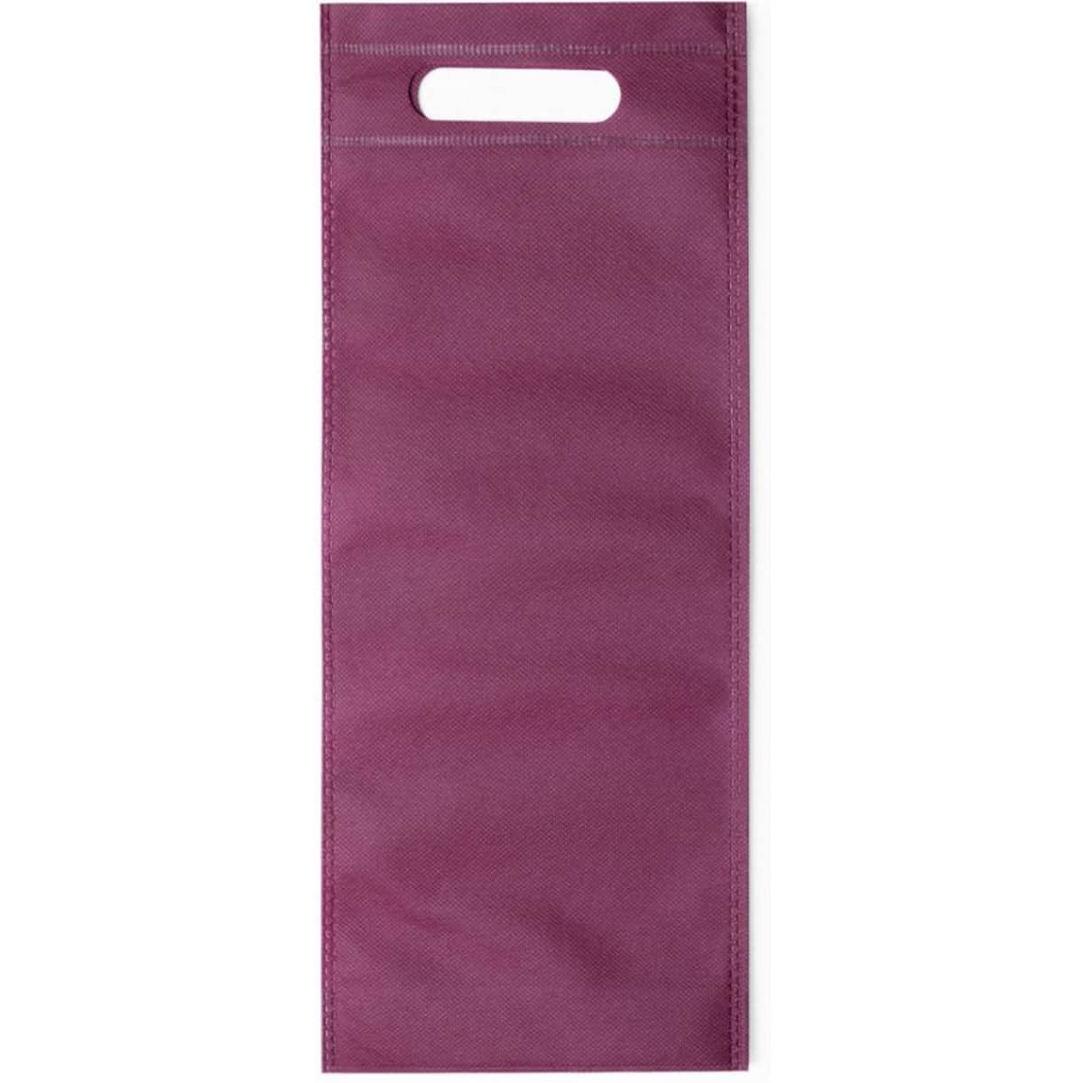 A wine bottle gift bag in a rich burgundy shade with a handle for easy carrying. It features a simple, unadorned design.