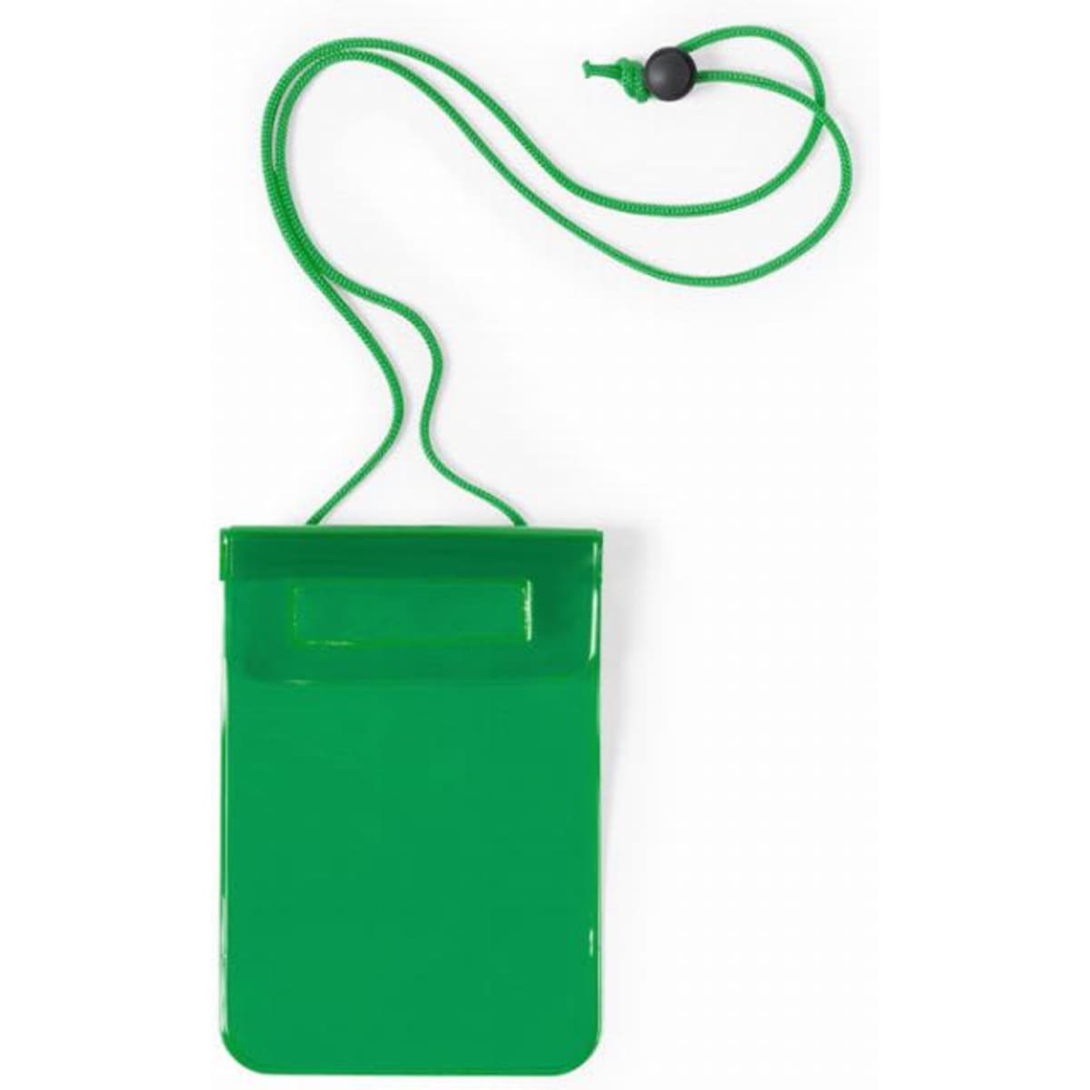 A green waterproof pouch with a neck strap, featuring a clasp for secure closure.