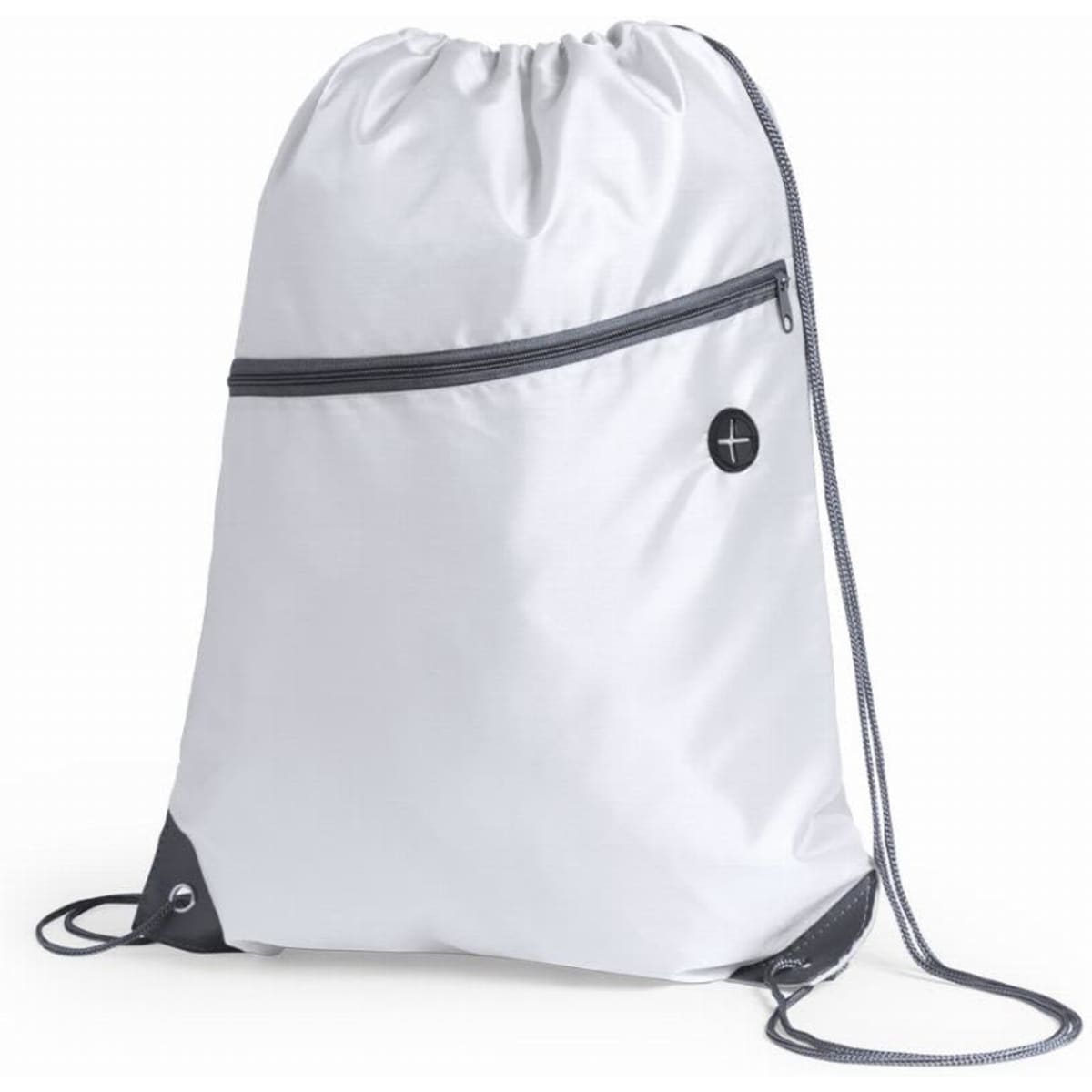 A white drawstring backpack with a grey zippered pocket and logo. It features adjustable drawcord straps.