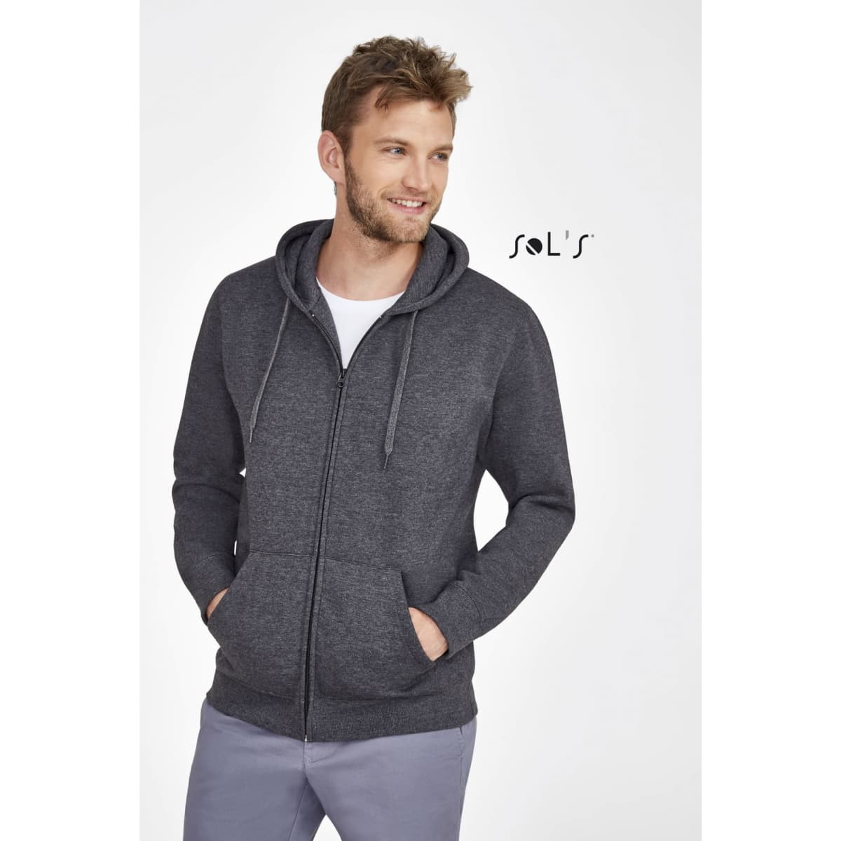 A men's grey lined hoodie with a hidden zip, made of 50% cotton and 50% polyester, featuring a logo.