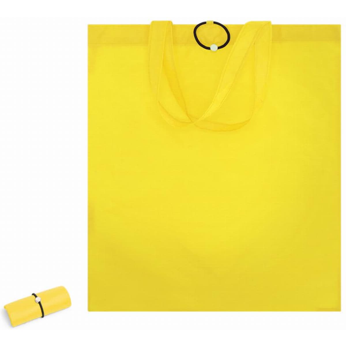 A yellow tote bag lays flat with two handles and a rolled-up pouch next to it. The pouch matches the bag's colour.