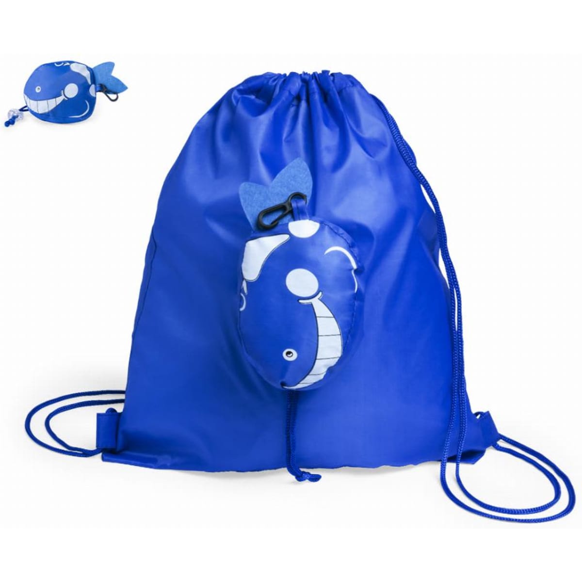 A blue drawstring backpack featuring a rounded whale design on the front and matching blue cords.