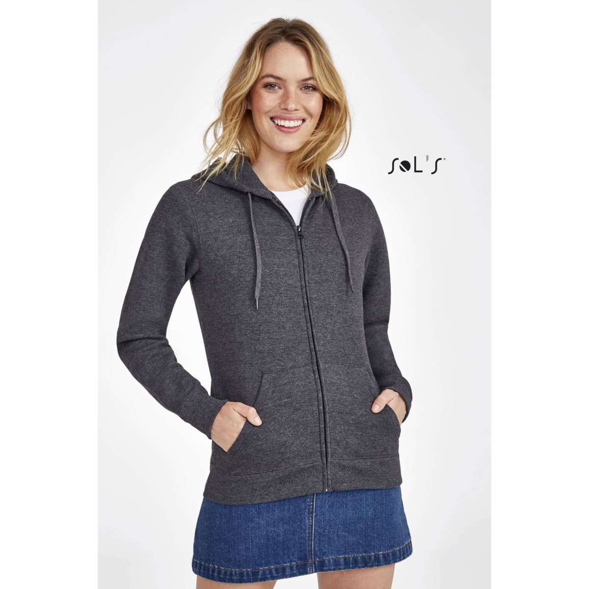 A women's grey lined hoodie with a hidden zip, featuring a hood and pockets. The product has a logo.