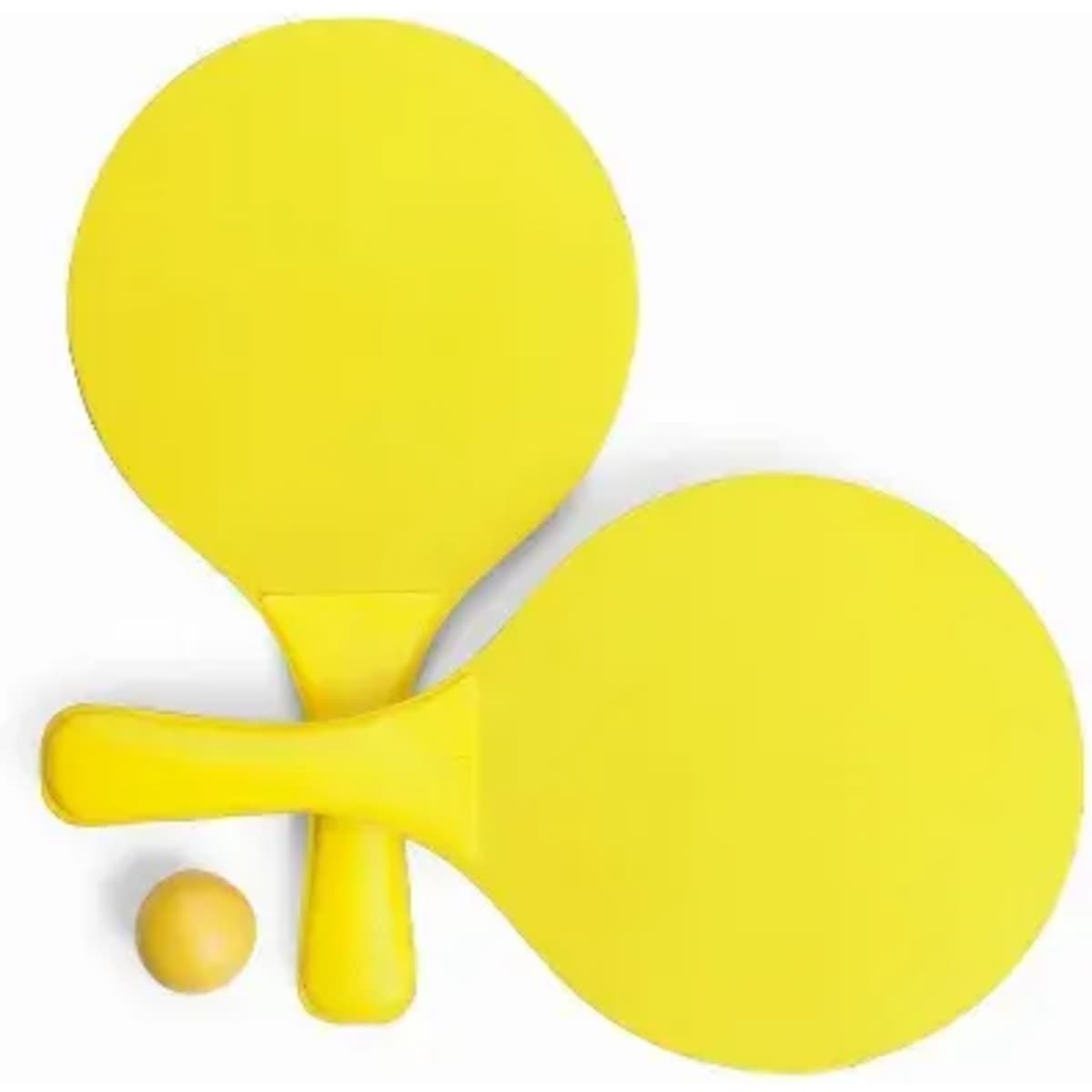 A set of bright yellow paddle bats with a yellow ball positioned between them.