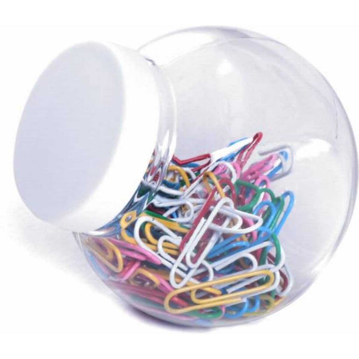 A clear glass jar with a white lid filled with assorted colourful paper clips.