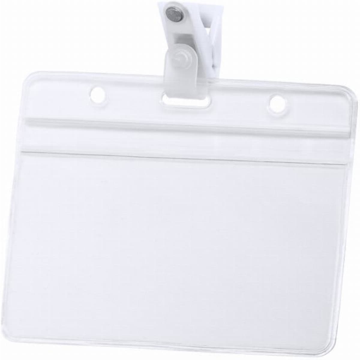 A blank ID badge holder in clear plastic, featuring a clip for attachment and a horizontal orientation.