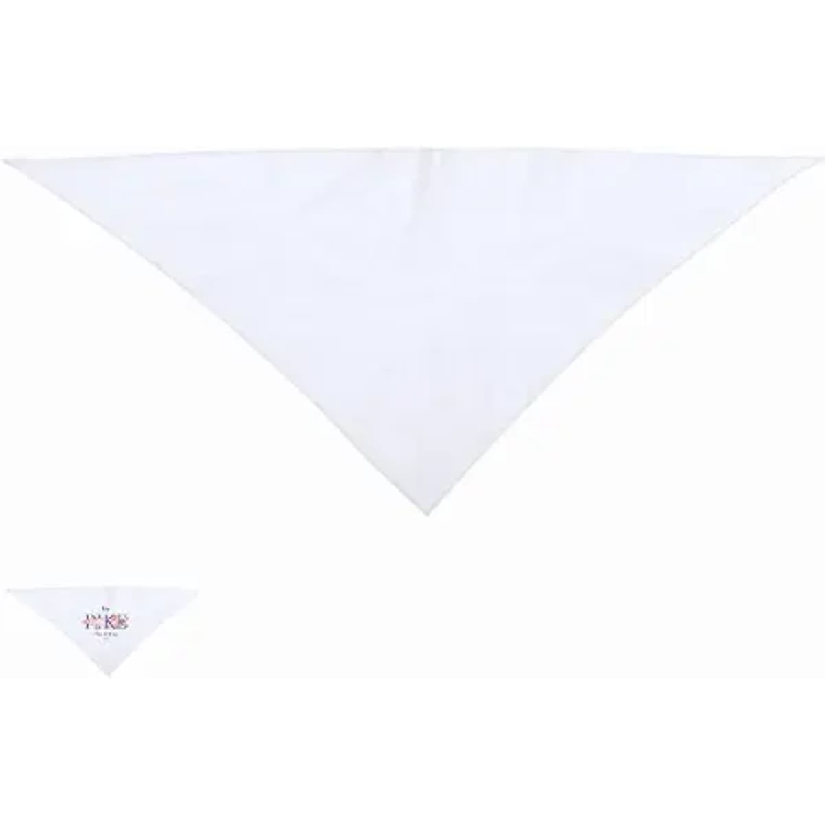 A triangular white bandana featuring a small logo on the corner.