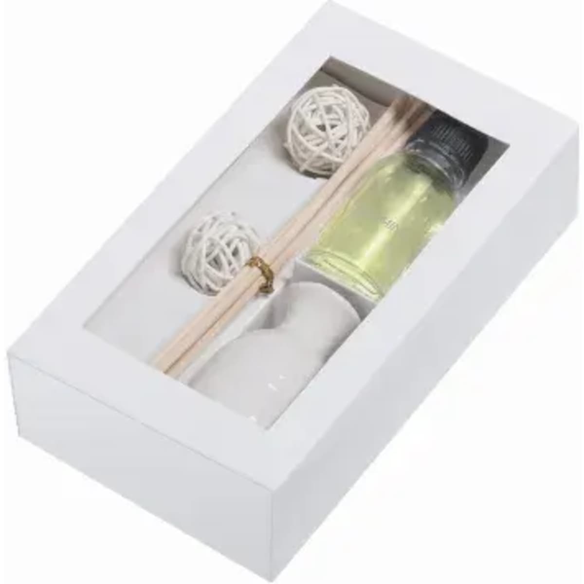 A boxed product containing a small bottle of liquid, wooden sticks, and two decorative white spheres.