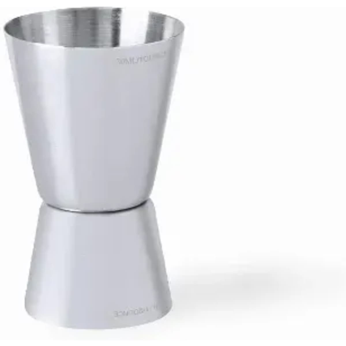 A stainless steel jigger with a conical shape, featuring a logo on the side.