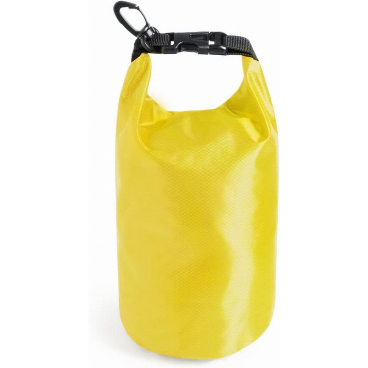 A yellow dry bag with a secure clip closure, designed for waterproof storage.