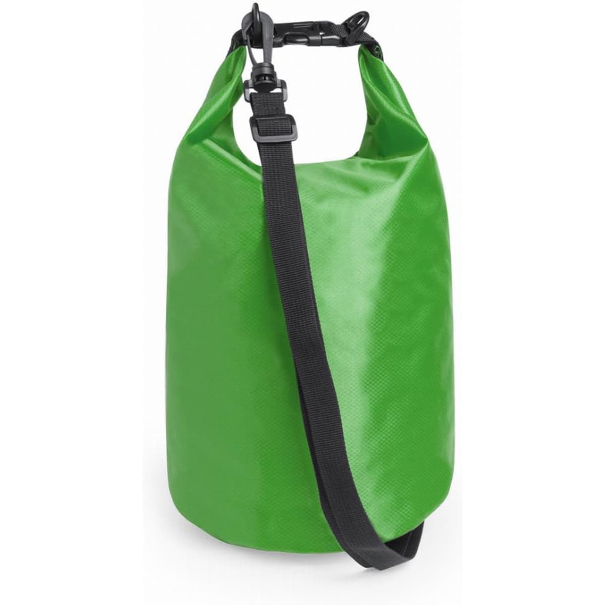 A green waterproof bag with a black adjustable strap and a secure closure at the top. It has a logo visible.