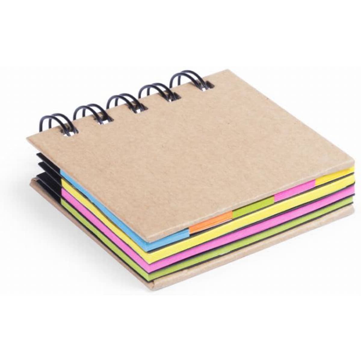 A notepad with a natural kraft cover and colourful sheets in pink, yellow, orange, blue, and black. It has spiral binding.