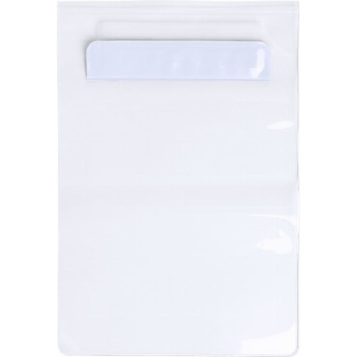 A clear plastic document holder featuring a white flap at the top and an open pocket for storing papers.