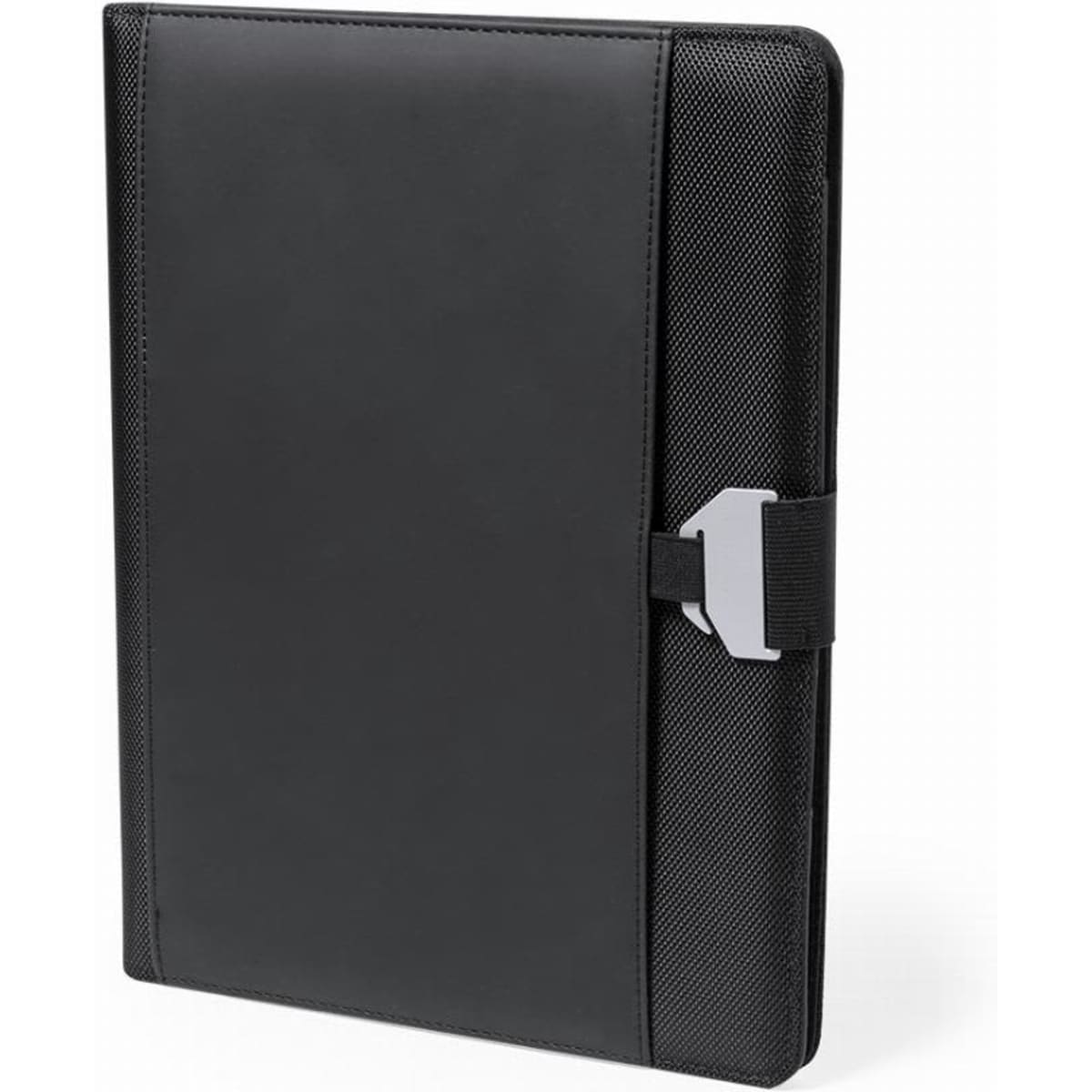A black folder with a textured surface and a silver clasp. It features a logo on the front.