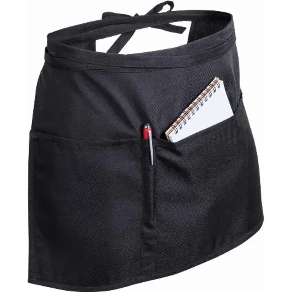 A black apron featuring two pockets, one with a notepad and a pen. The apron has an adjustable tie at the waist.