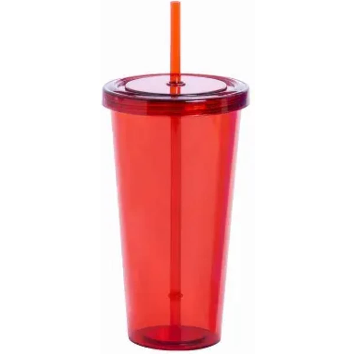 A drink bottle in vibrant red with a matching lid and straw, featuring a logo.