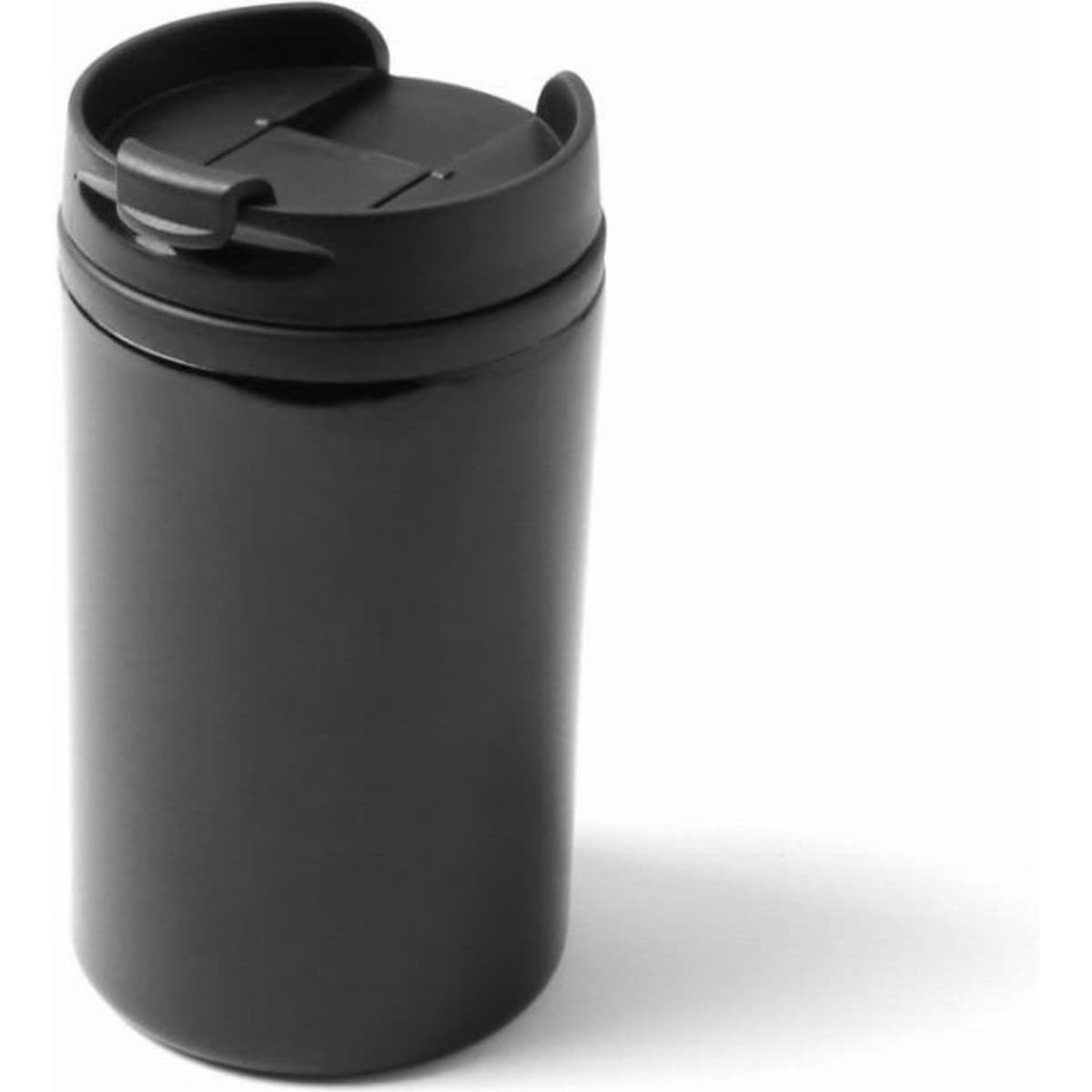 A drink bottle in sleek black with a secure lid and a tapered design, featuring a logo.