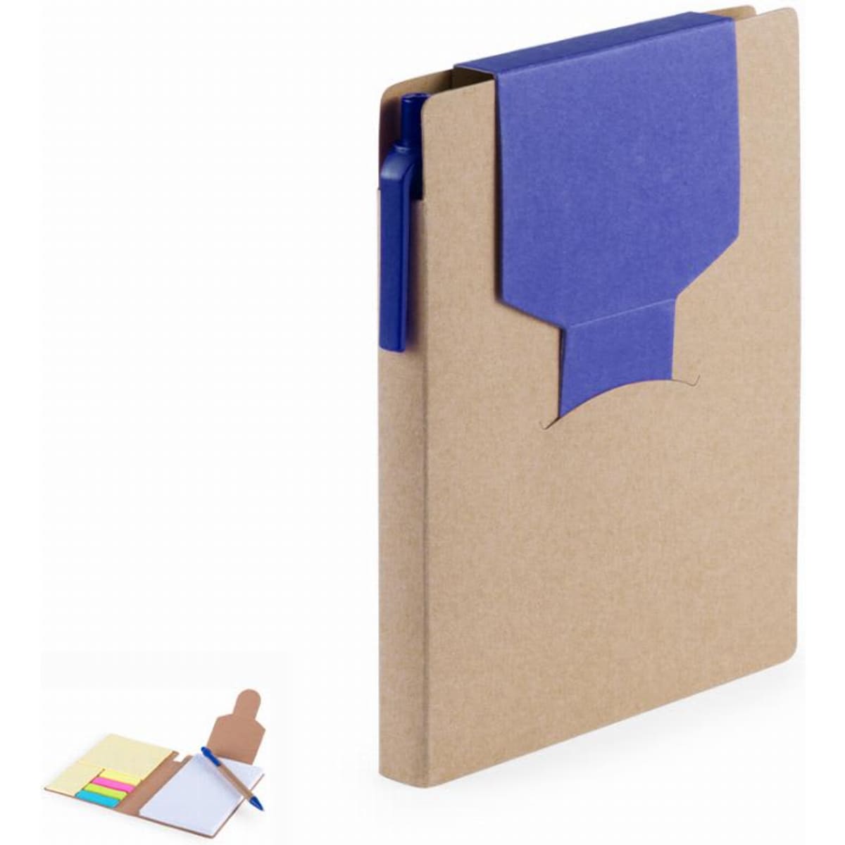 A folder in brown cardstock with a blue flap at the top, featuring colourful sticky notes and a pen beside it.