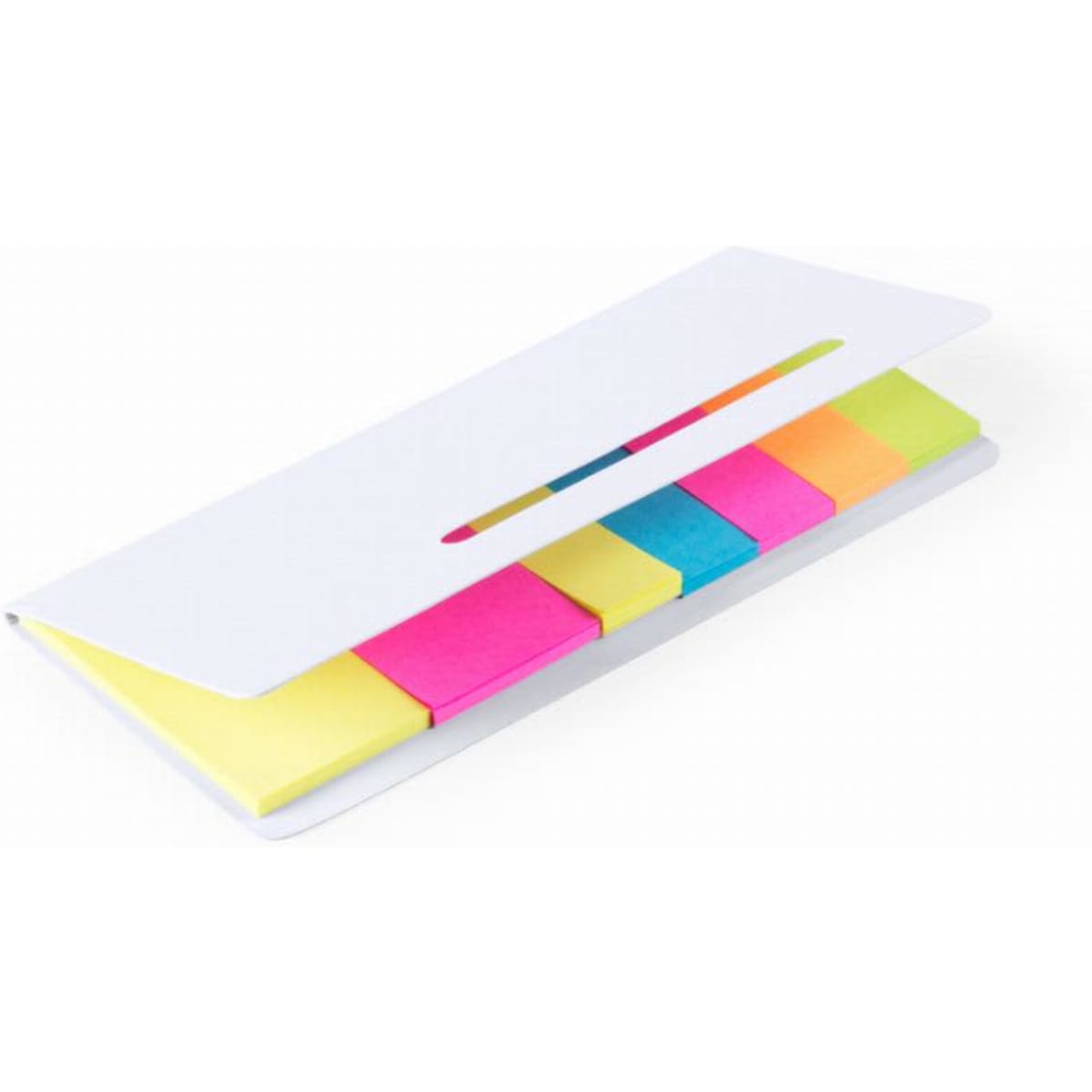 A set of sticky notes in various bright colours, presented in a white folder. Includes pink, yellow, blue, and green notes.