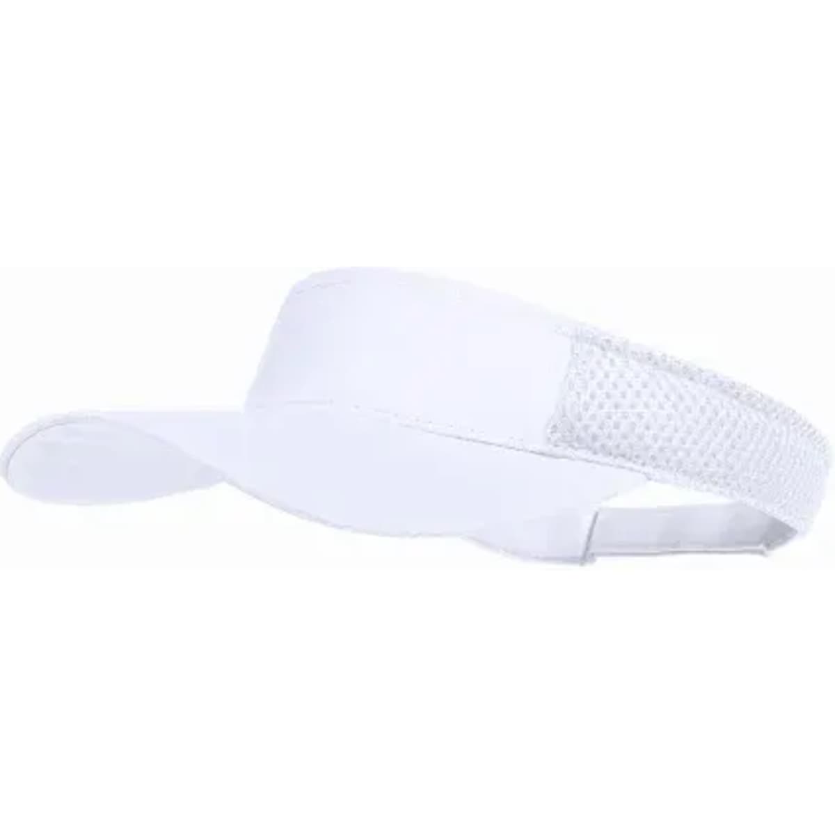 A white visor with a mesh back and adjustable strap, featuring a logo on the front.