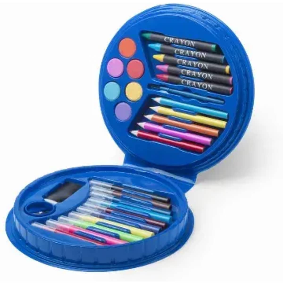 A blue circular art set containing crayons, markers, coloured pencils, and paint discs.