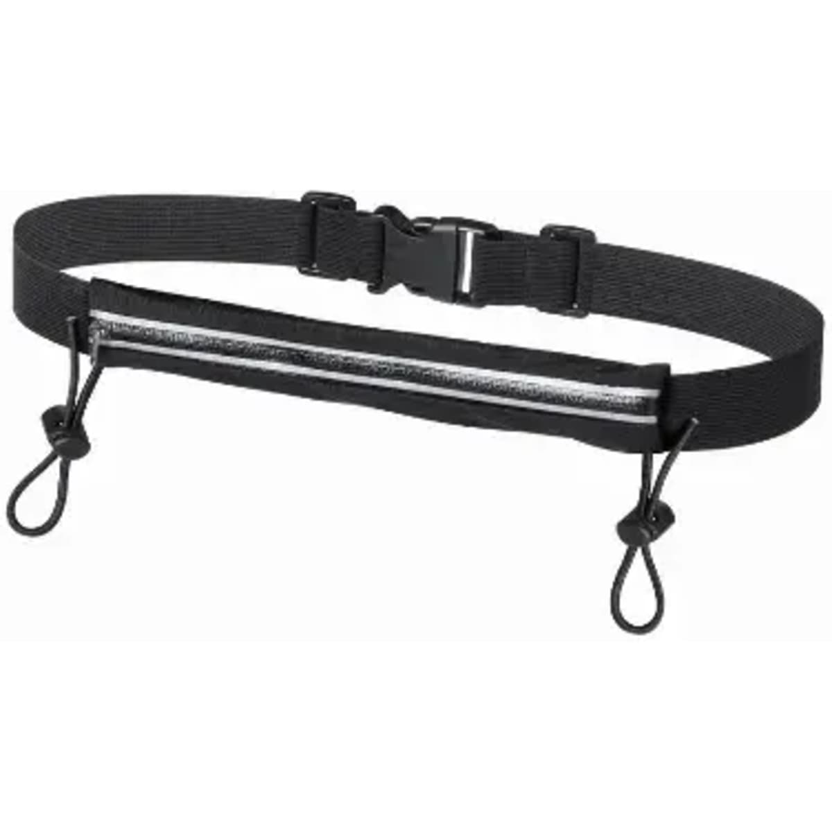 A black adjustable belt with a reflective strip and elastic loops on either side. It features a plastic buckle.