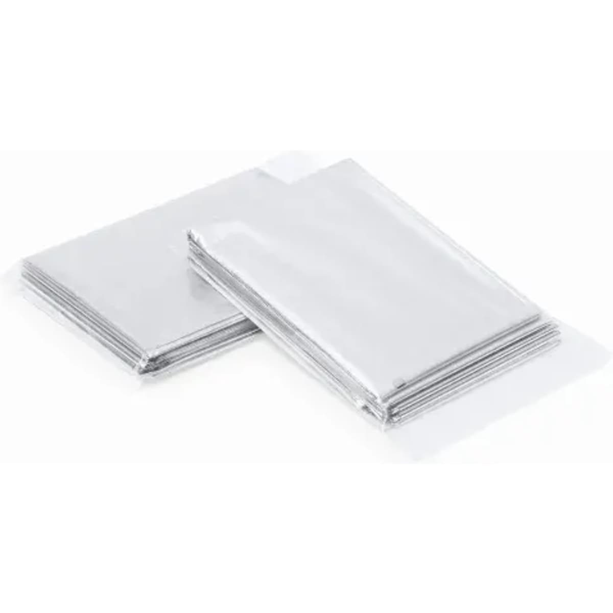 A set of shiny silver foil packets stacked together. Each packet is neatly sealed and reflective.