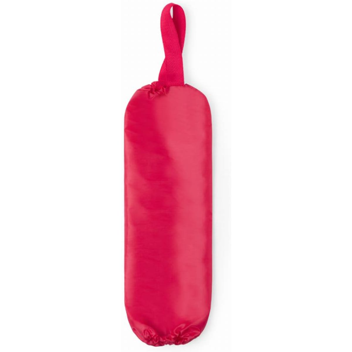 A red promotional product with a looped handle, designed in a compact, elongated shape. It features a branding logo.