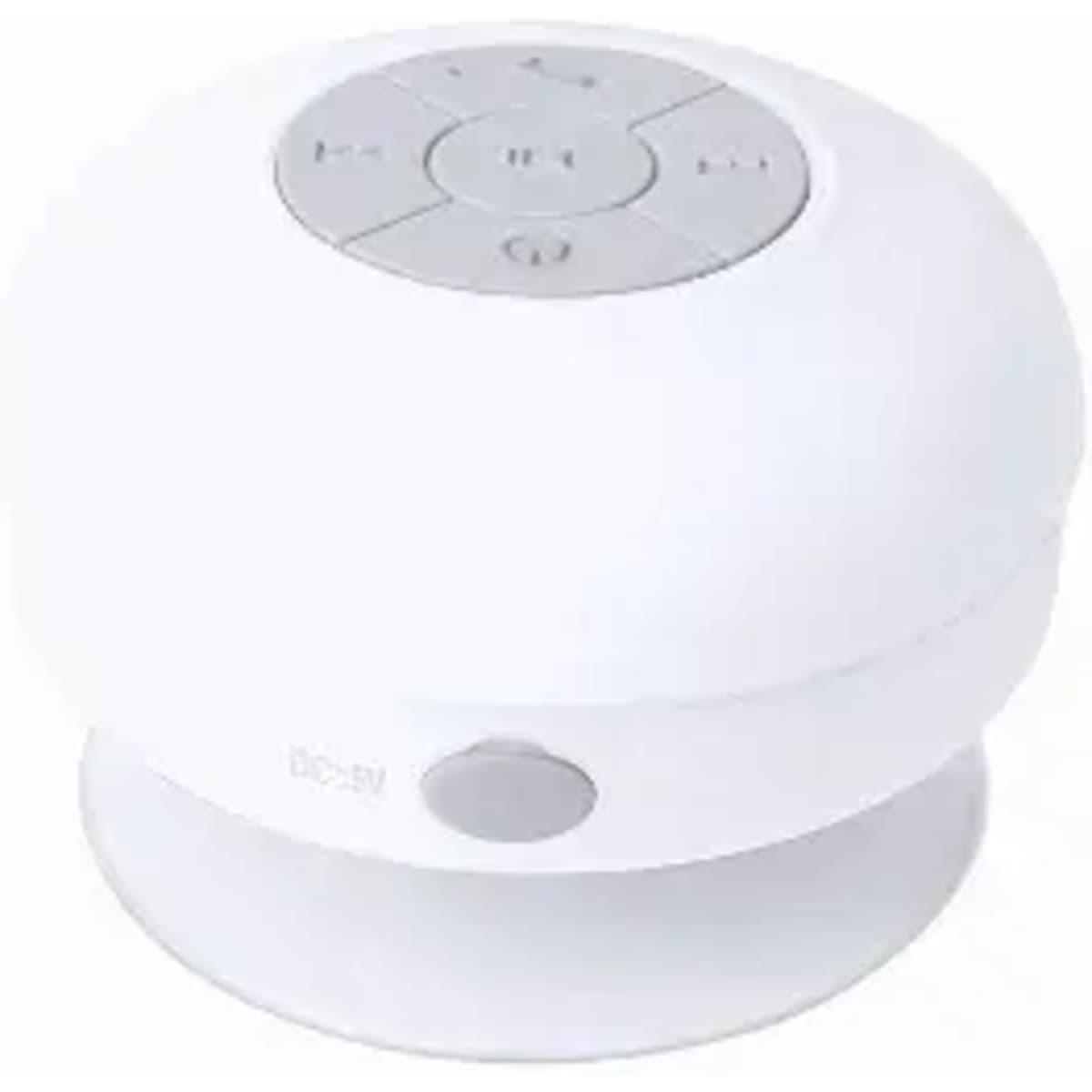 A white waterproof Bluetooth speaker with a rounded design and control buttons on top. It has a suction base for attachment.