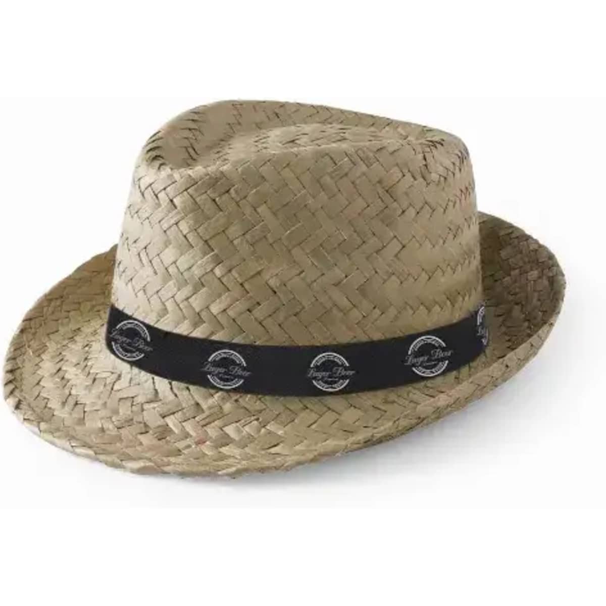 A straw hat featuring a woven design and a black band with an emblem. The hat is light tan in colour.