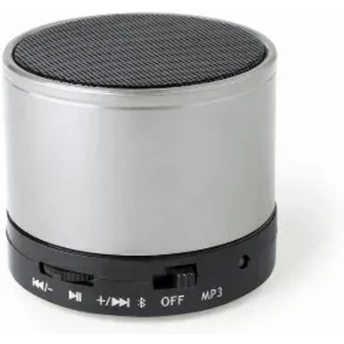 A portable silver speaker with a black base and control buttons. It features a textured speaker grille on top.