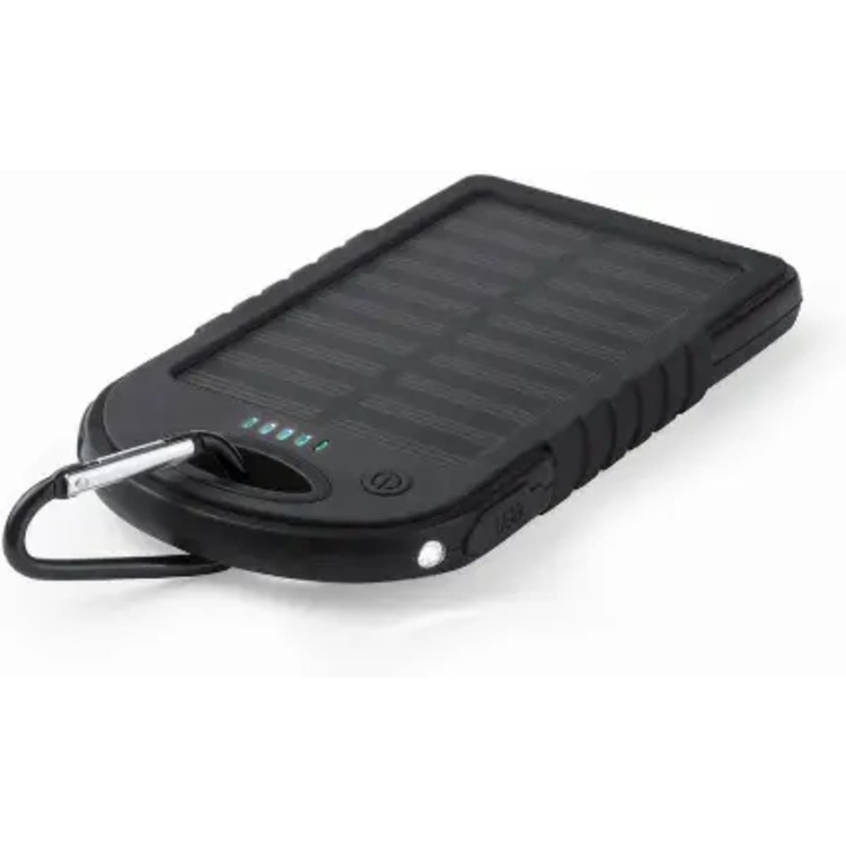 A solar power bank with a sturdy black design, featuring an attached carabiner and indicator lights.