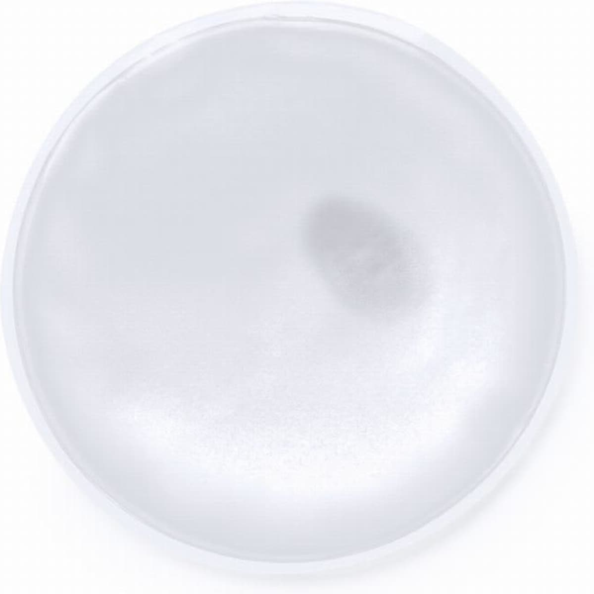 A round, glossy white surface with a subtle sheen, featuring a textured centre.