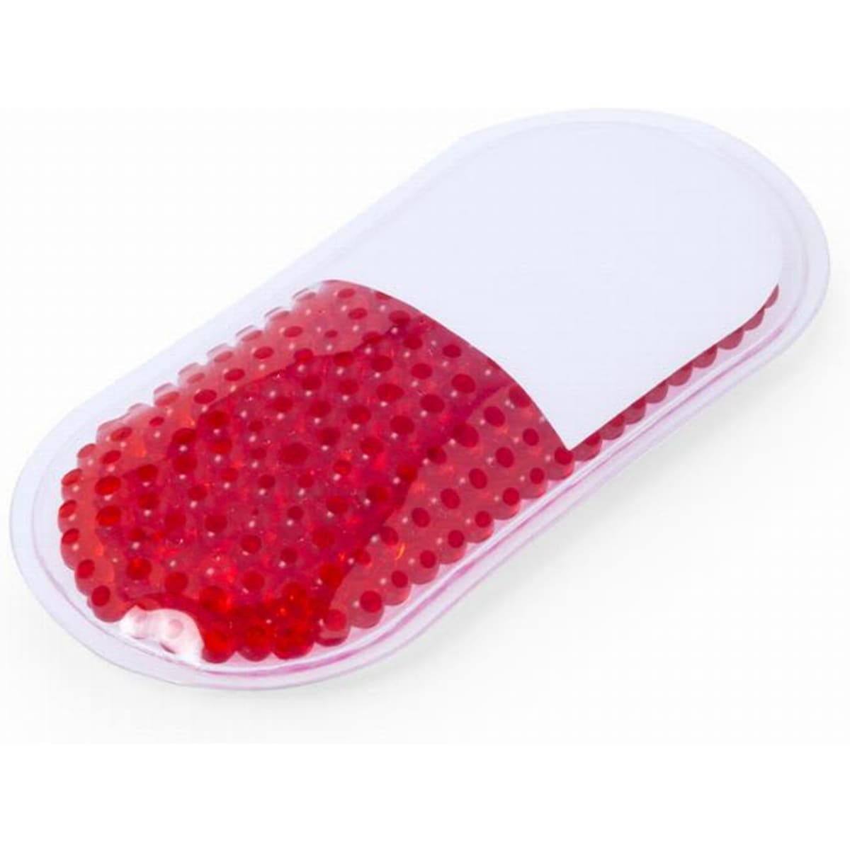 A gel heat pack with a transparent exterior and red gel beads inside, designed for warmth or soothing relief.