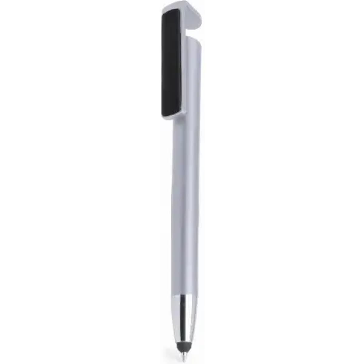 A silver pen with a sleek design featuring a clip for easy attachment. It has a black tip and an overall polished finish.