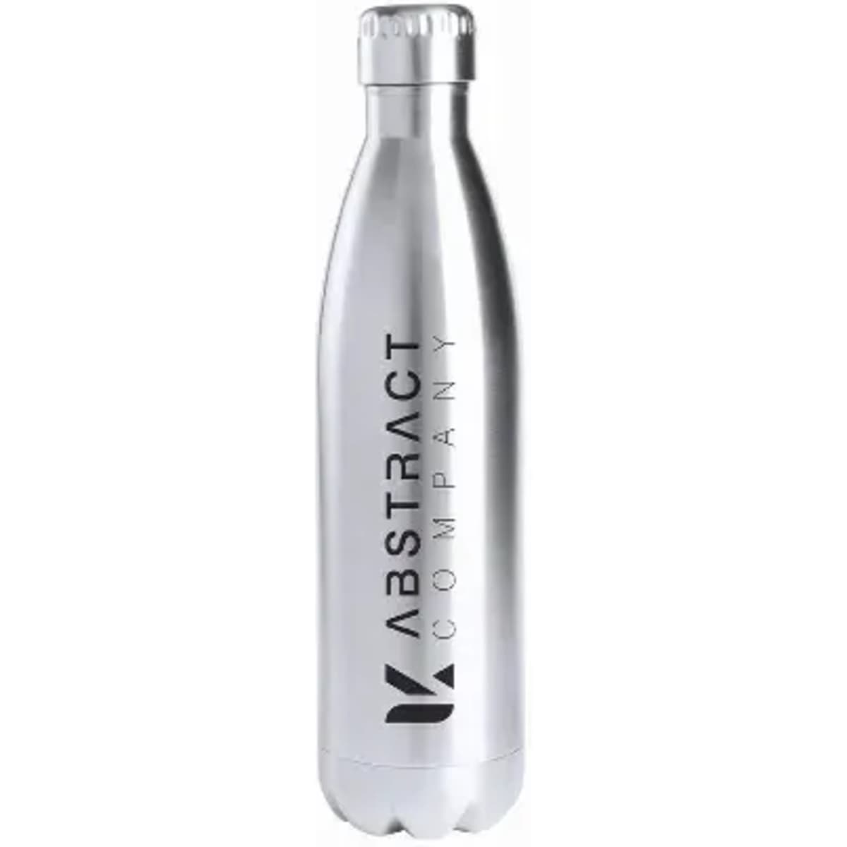 A drink bottle in silver with a sleek design and a logo on the front.