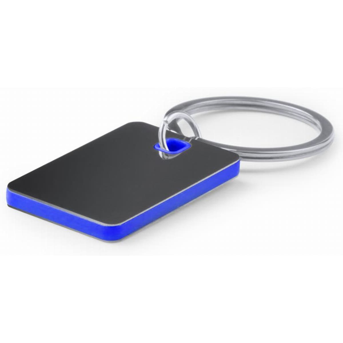 A keyring featuring a rectangular tag with a silver surface and a blue edge. The keyring has a circular attachment.