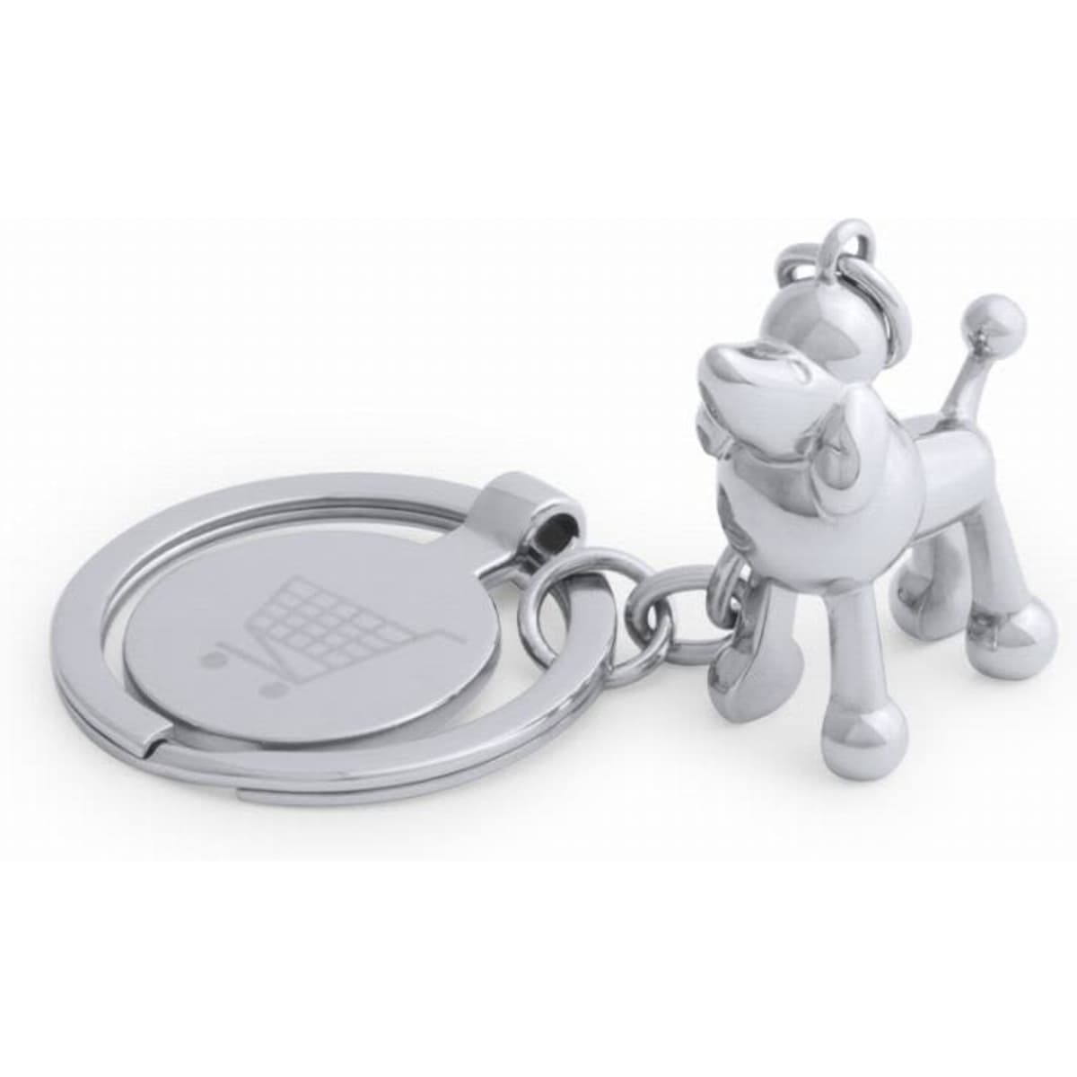 A silver keychain featuring a dog design with a circular ring. The keychain has a shiny, polished finish.